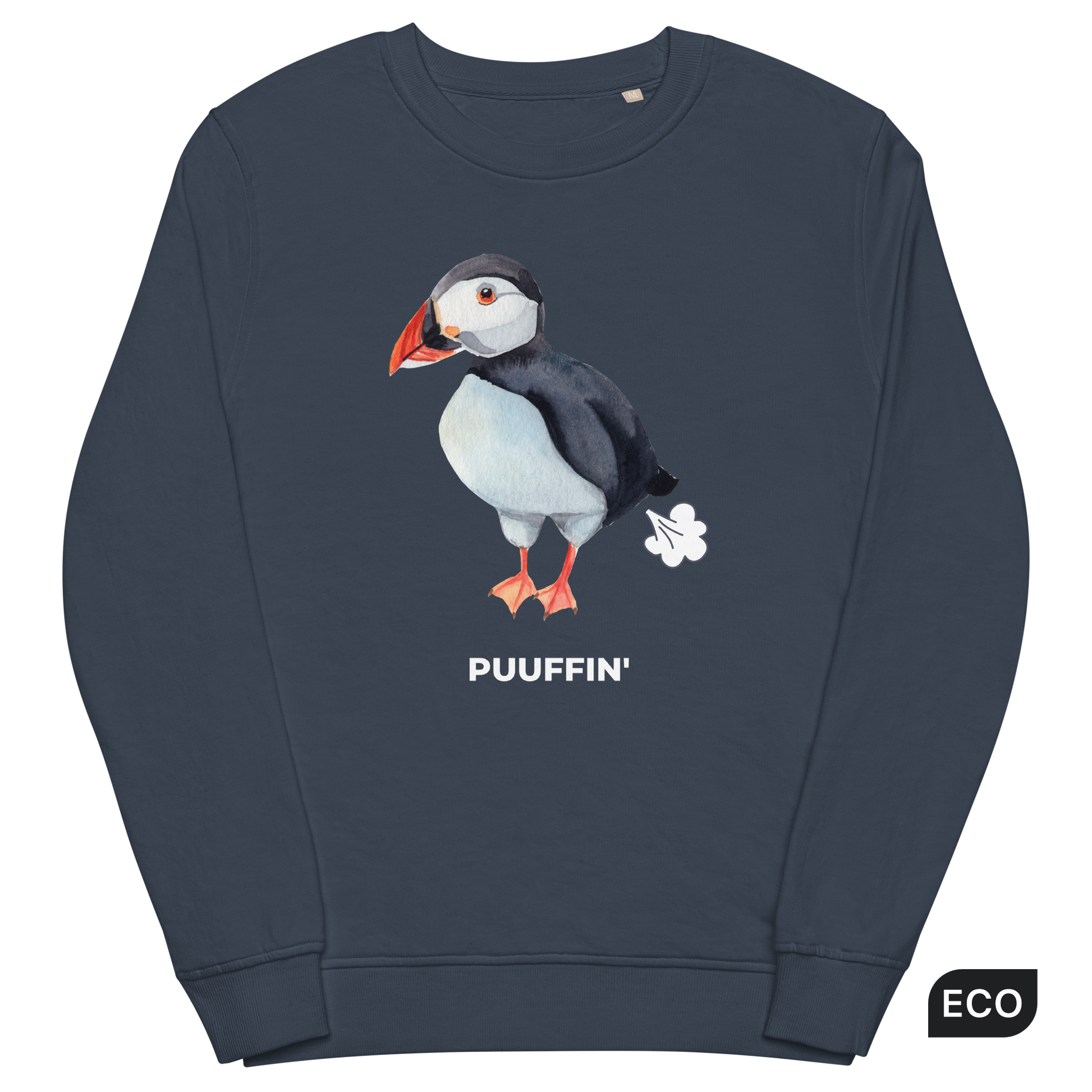 French Navy Organic Cotton Puffin Sweatshirt featuring a comic Puuffin' graphic on the chest - Funny Graphic Puffin Sweatshirts - Boozy Fox