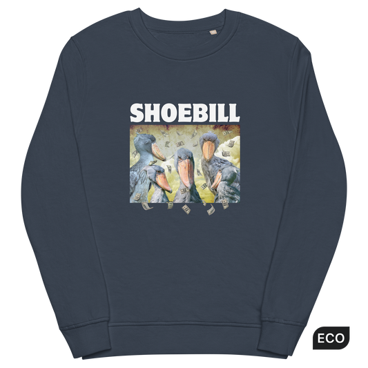 French Navy Shoebill Organic Sweatshirt featuring a cool Shoebill graphic on the chest - ArtsyFunny Graphic Shoebill Stork Sweatshirts - Boozy Fox