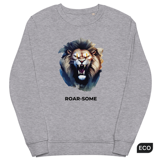 Grey Melange Organic Cotton Lion Sweatshirt featuring a Roar-Some graphic on the chest - Funny Graphic Lion Sweatshirts - Boozy Fox