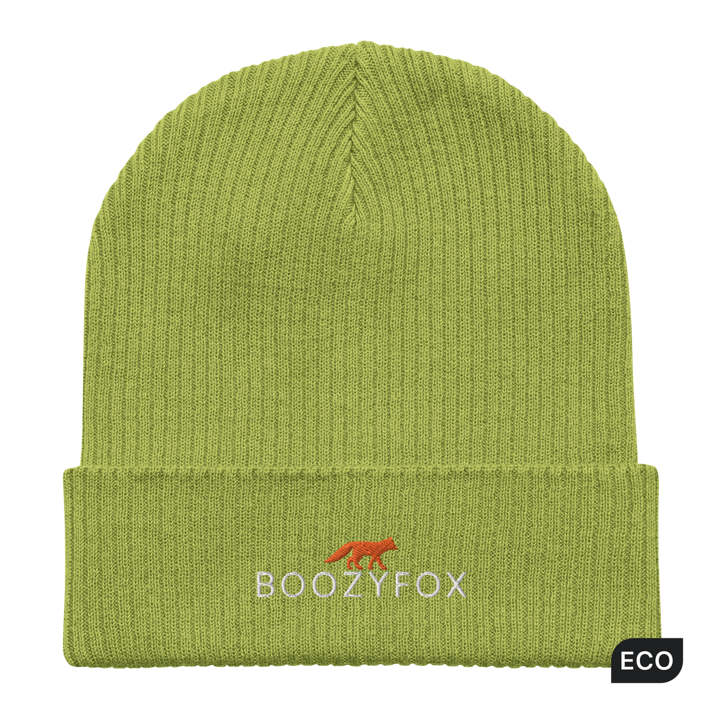 Leaf Green Organic Ribbed Beanie With An Embroidered Boozy Fox Logo On Fold - Shop Organic Cotton Beanies Online - Boozy Fox