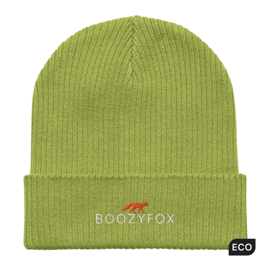 Leaf Green Organic Ribbed Beanie With An Embroidered Boozy Fox Logo On Fold - Shop Organic Cotton Beanies Online - Boozy Fox
