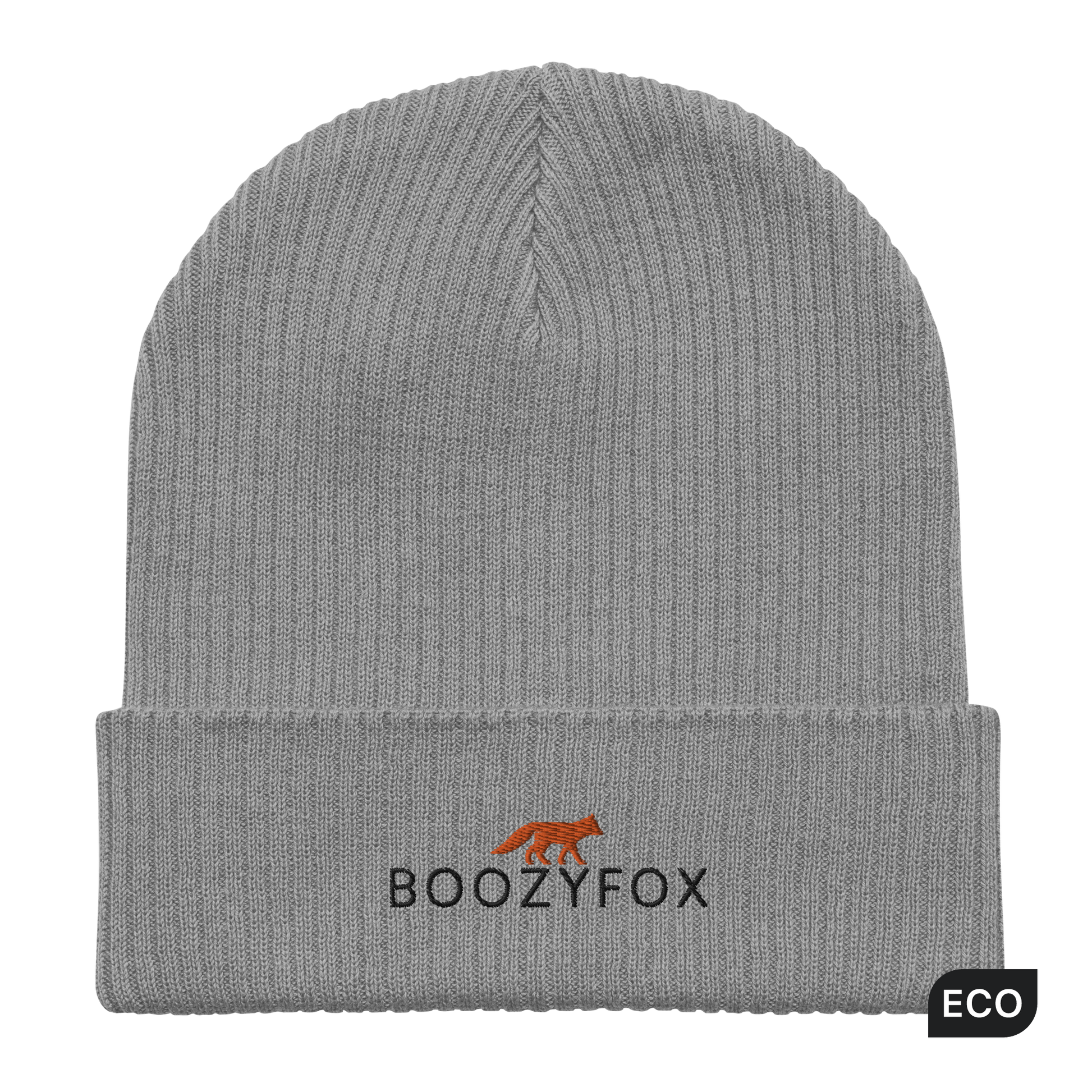 Light Grey Organic Ribbed Beanie With An Embroidered Boozy Fox Logo On Fold - Shop Organic Cotton Beanies Online - Boozy Fox