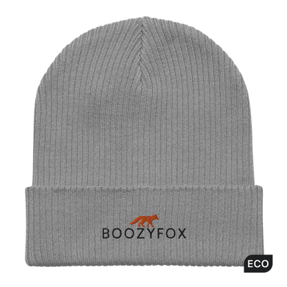 Light Grey Organic Ribbed Beanie With An Embroidered Boozy Fox Logo On Fold - Shop Organic Cotton Beanies Online - Boozy Fox