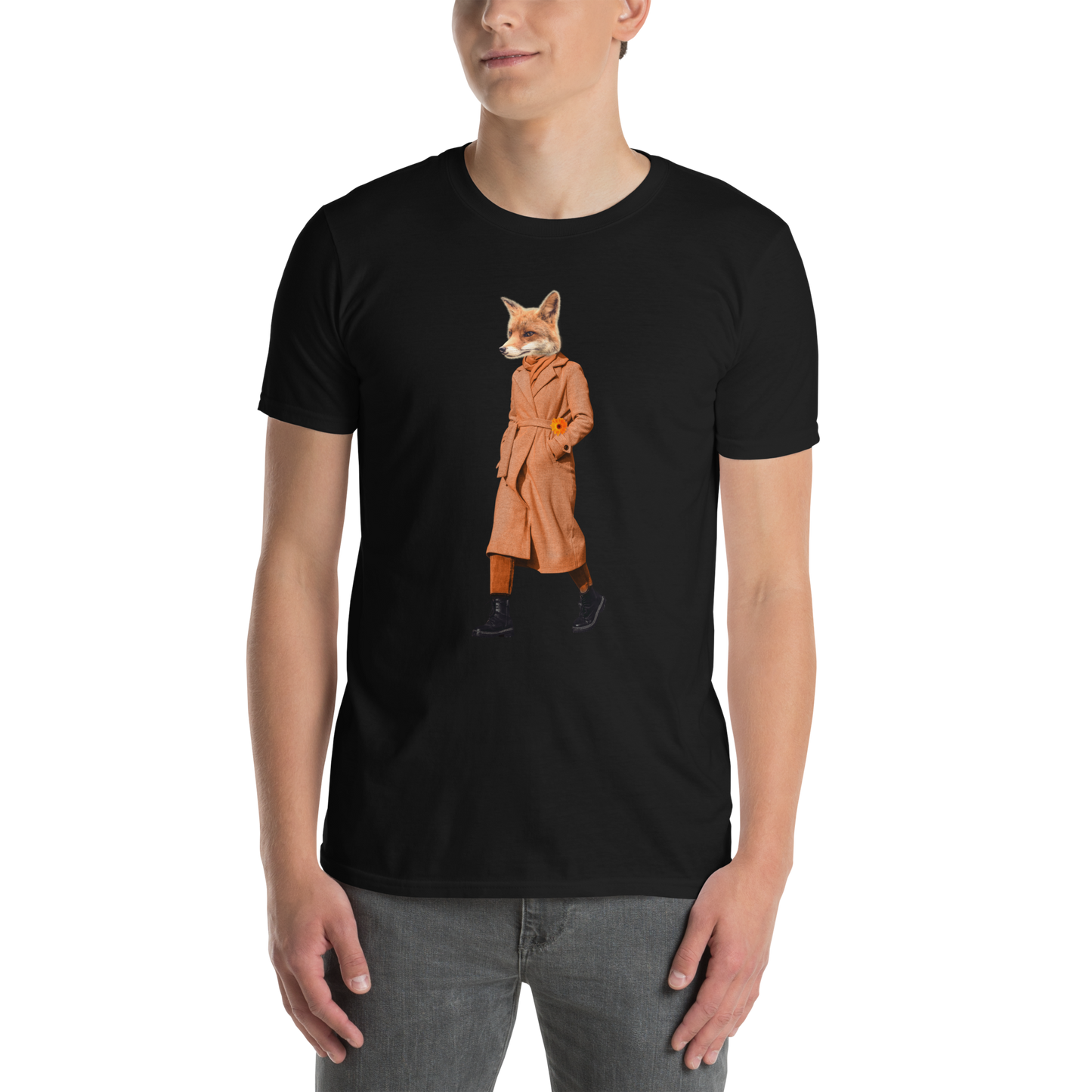 Man wearing a Black Anthropomorphic Fox T-Shirt featuring a sly Anthropomorphic Fox In a Trench Coat graphic on the chest - Funny Graphic Fox T-Shirts - Boozy Fox