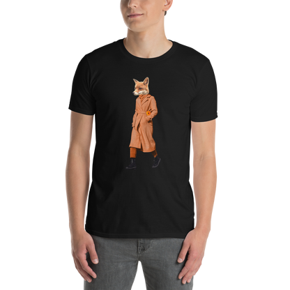 Man wearing a Black Anthropomorphic Fox T-Shirt featuring a sly Anthropomorphic Fox In a Trench Coat graphic on the chest - Funny Graphic Fox T-Shirts - Boozy Fox