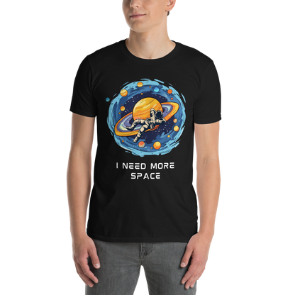 Man wearing a Black Astronaut T-Shirt featuring a captivating I Need More Space graphic on the chest - Funny Graphic Space T-Shirts - Boozy Fox