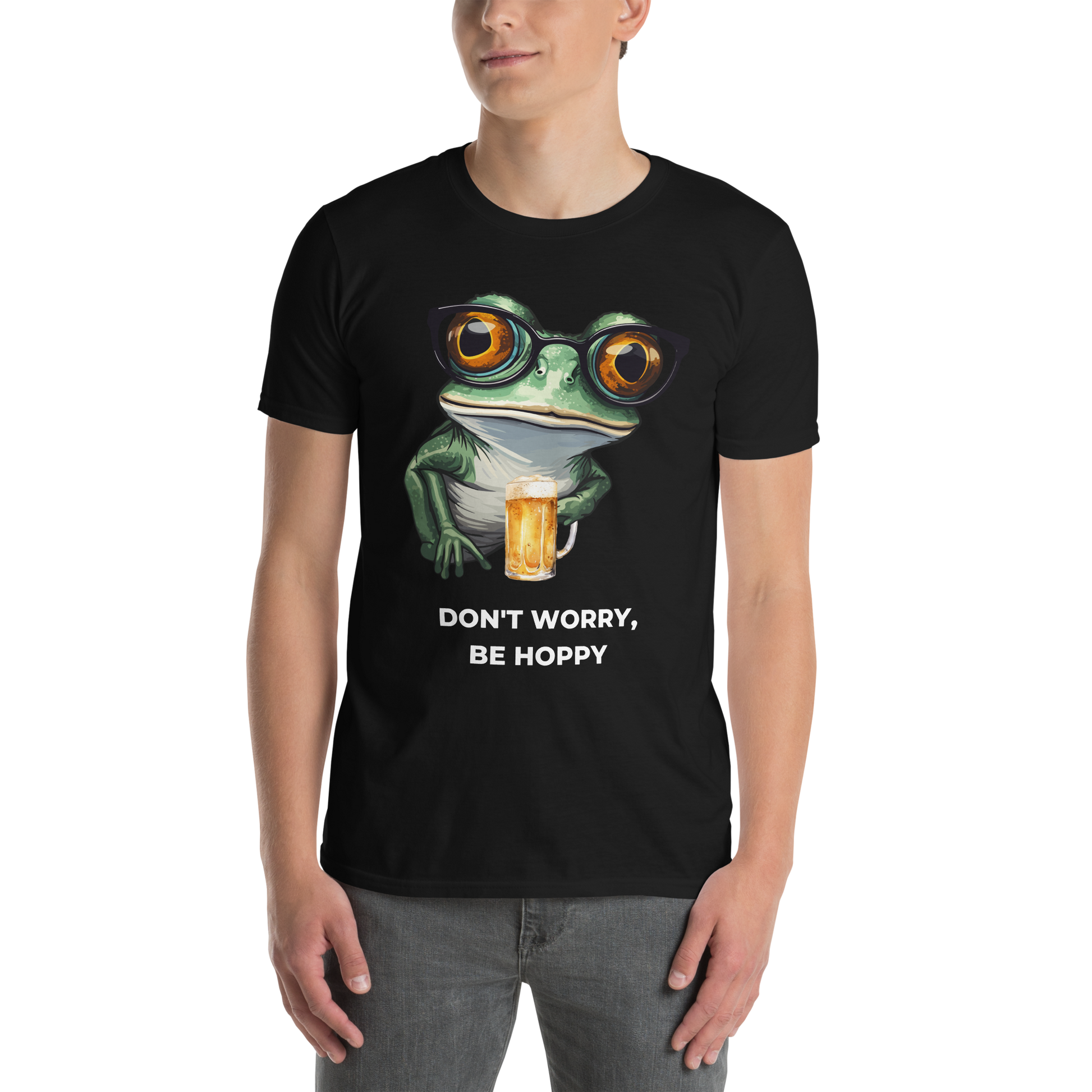 Man wearing a Black Frog T-Shirt featuring a ribbitting Don't Worry, Be Hoppy graphic on the chest - Funny Graphic Frog T-Shirts - Boozy Fox