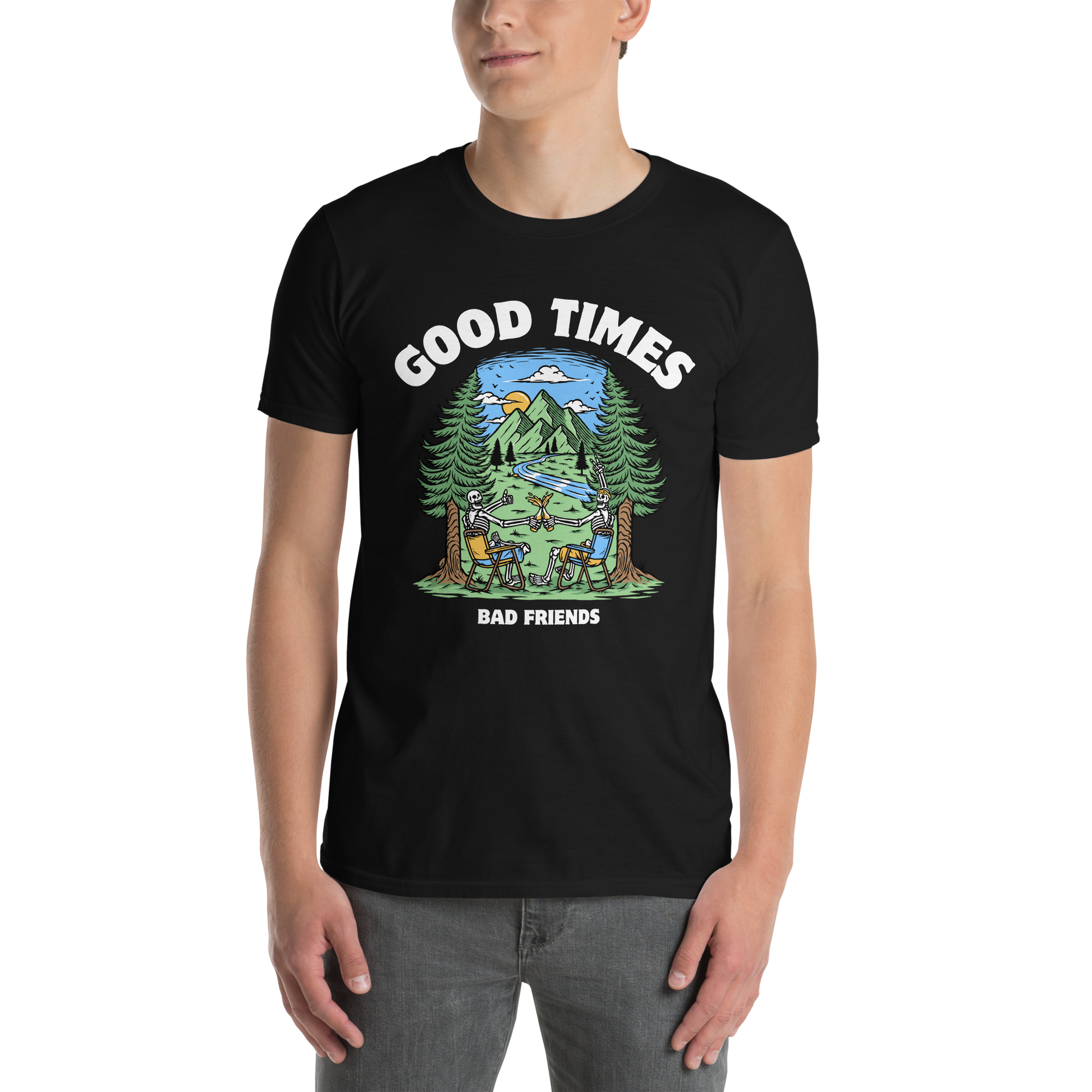 Man wearing a Black Good Times Bad Friends T-Shirt featuring a lively graphic of friends enjoying a beer in nature - Funny Graphic Nature T-Shirts - Boozy Fox