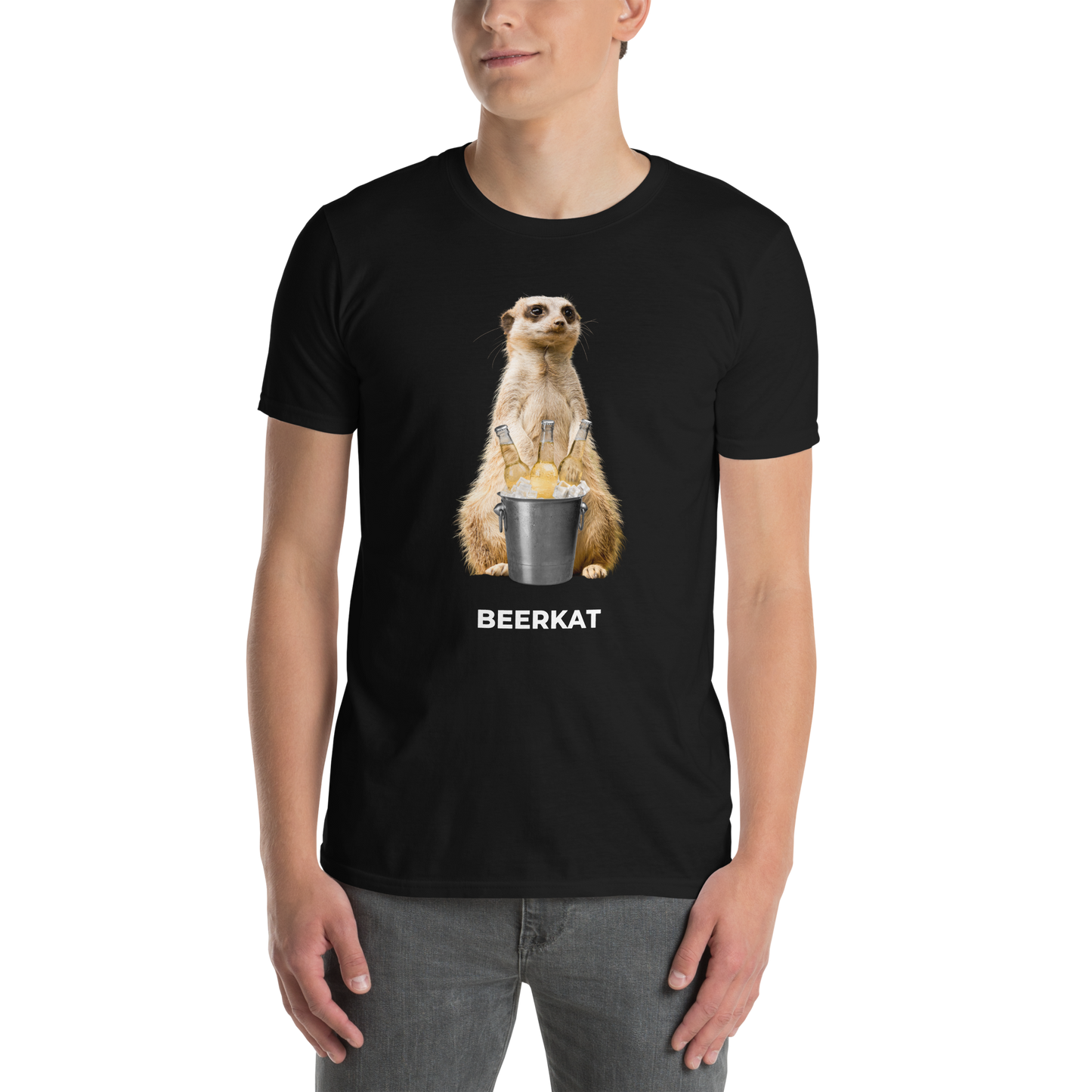 Man wearing a Black Meerkat T-Shirt featuring a hilarious Beerkat graphic on the chest - Funny Graphic Meerkat T-Shirts - Boozy Fox