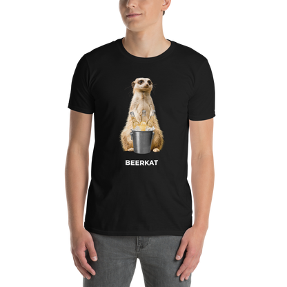 Man wearing a Black Meerkat T-Shirt featuring a hilarious Beerkat graphic on the chest - Funny Graphic Meerkat T-Shirts - Boozy Fox