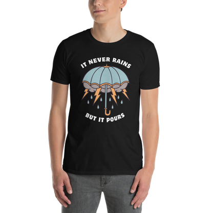 Man wearing a Black Umbrella T-Shirt featuring a unique It Never Rains But It Pours graphic on the chest - Cool Tattoo-Inspired Graphic Umbrella T-Shirts - Boozy Fox