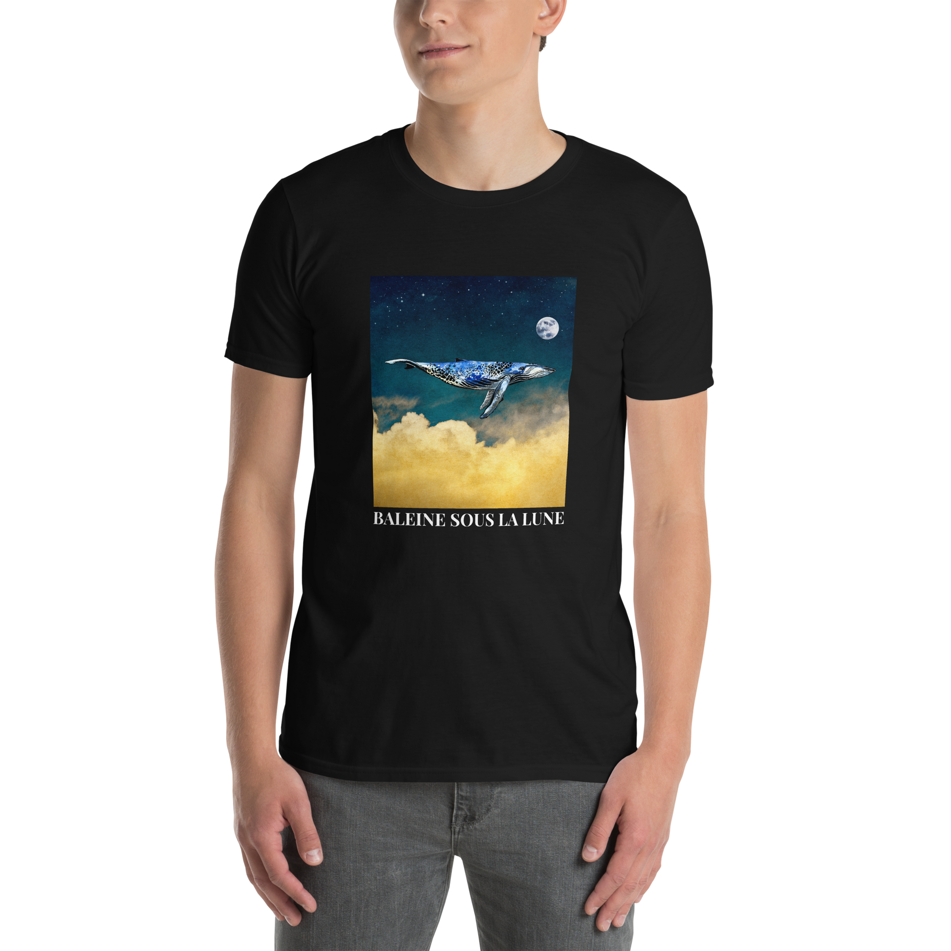 Man wearing a Black Whale Under The Moon T-Shirt - Boozy Fox