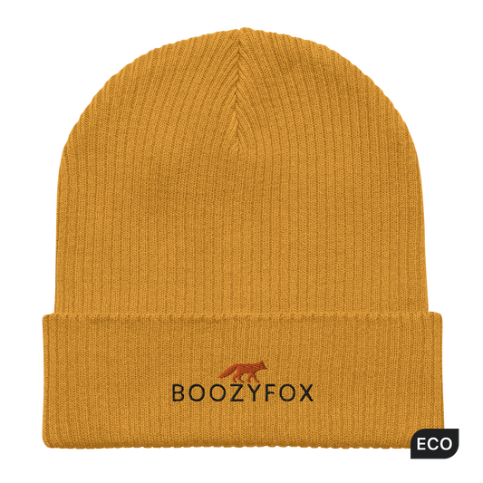 Mustard Yellow Organic Ribbed Beanie With An Embroidered Boozy Fox Logo On Fold - Shop Organic Cotton Beanies Online - Boozy Fox
