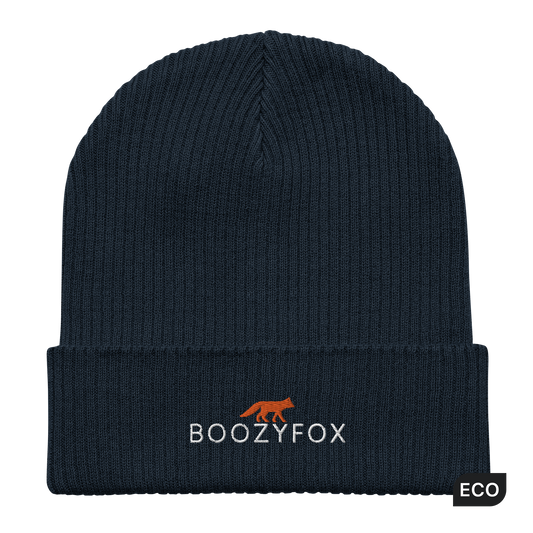 Oxford Navy Organic Ribbed Beanie With An Embroidered Boozy Fox Logo On Fold - Shop Organic Cotton Beanies Online - Boozy Fox