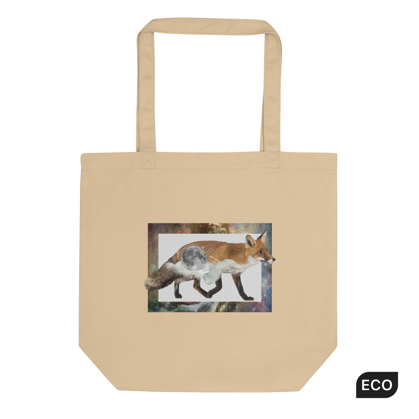 Oyster Color Fox Eco Tote Bag featuring an eye-catching Space Fox graphic - Shop Cool Organic Cotton Tote Bags Online - Boozy Fox