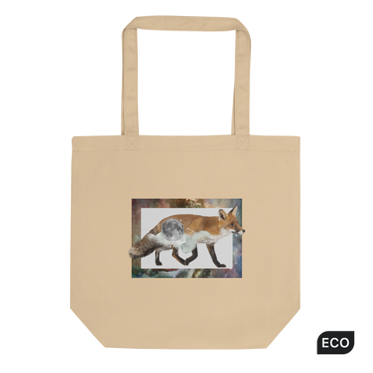 Oyster Color Fox Eco Tote Bag featuring an eye-catching Space Fox graphic - Shop Cool Organic Cotton Tote Bags Online - Boozy Fox