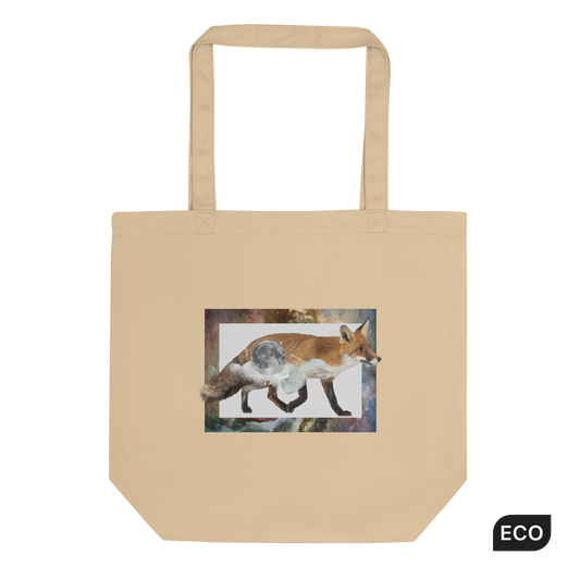 Oyster Color Fox Eco Tote Bag featuring an eye-catching Space Fox graphic - Shop Cool Organic Cotton Tote Bags Online - Boozy Fox