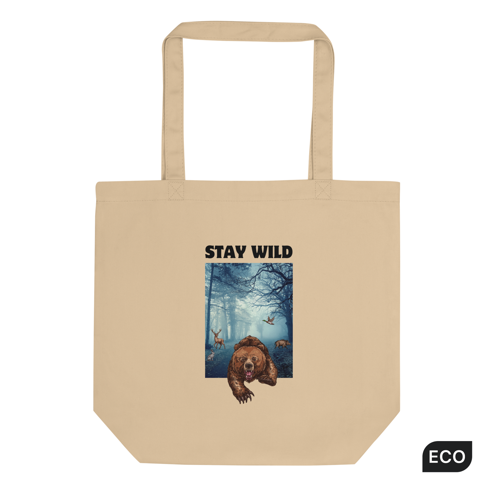 Oyster Colored Bear Eco Tote Bag featuring a Stay Wild graphic - Cool Organic Cotton Totes - Boozy Fox