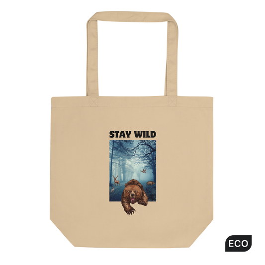Oyster Colored Bear Eco Tote Bag featuring a Stay Wild graphic - Cool Organic Cotton Totes - Boozy Fox