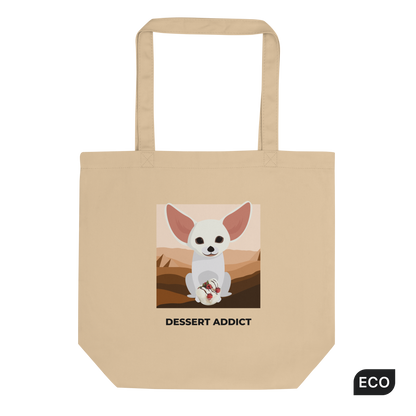 Oyster Colored Fennec Fox Eco Tote Bag featuring an adorable Dessert Addict graphic - Shop Funny Organic Cotton Tote Bags Online - Boozy Fox