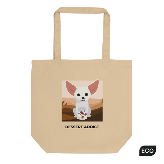 Oyster Colored Fennec Fox Eco Tote Bag featuring an adorable Dessert Addict graphic - Shop Funny Organic Cotton Tote Bags Online - Boozy Fox