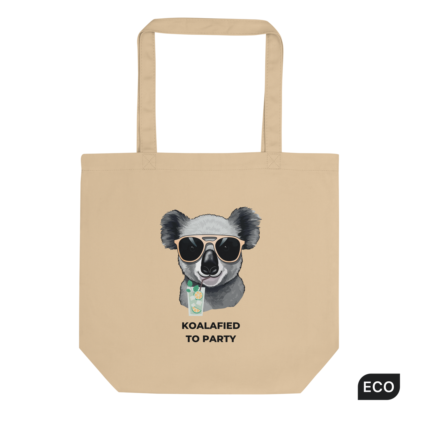 Oyster Colored Koala Eco Tote Bag featuring a captivating Koalafied To Party graphic - Funny Organic Cotton Totes - Boozy Fox