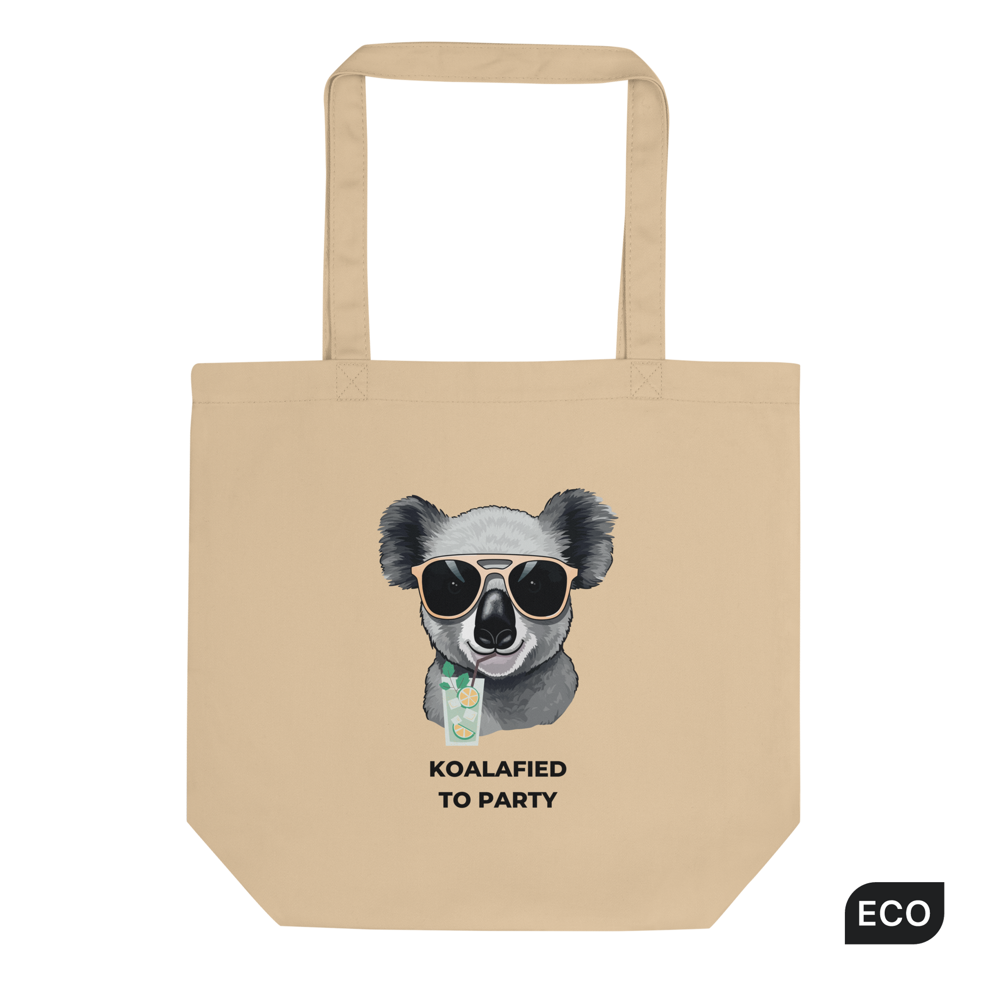 Oyster Colored Koala Eco Tote Bag featuring a captivating Koalafied To Party graphic - Funny Organic Cotton Totes - Boozy Fox