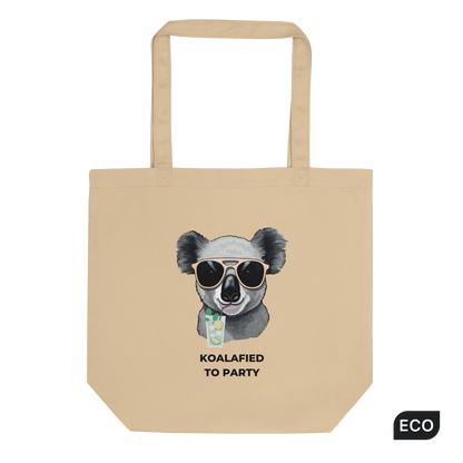 Oyster Colored Koala Eco Tote Bag featuring a captivating Koalafied To Party graphic - Funny Organic Cotton Totes - Boozy Fox