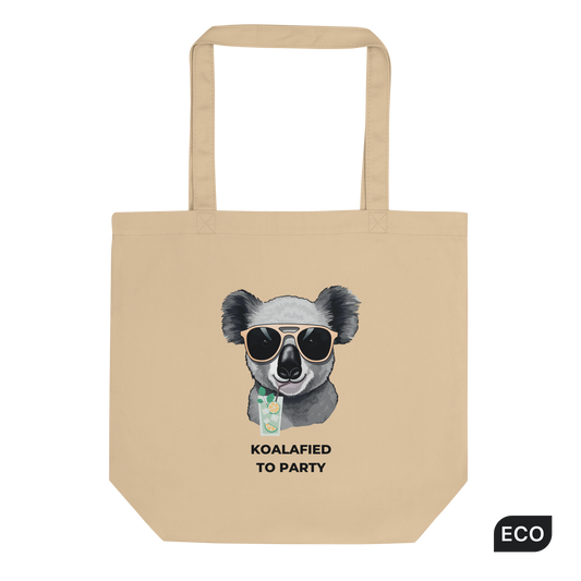 Oyster Colored Koala Eco Tote Bag featuring a captivating Koalafied To Party graphic - Funny Organic Cotton Totes - Boozy Fox