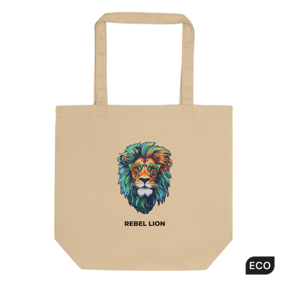 Oyster Colored Lion Eco Tote Bag featuring a fierce Rebel Lion graphic - Shop Tote Bags Online - Boozy Fox