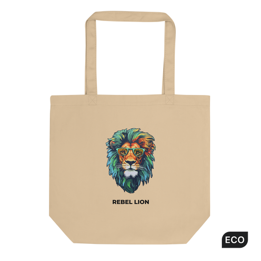 Oyster Colored Lion Eco Tote Bag featuring a fierce Rebel Lion graphic - Shop Tote Bags Online - Boozy Fox