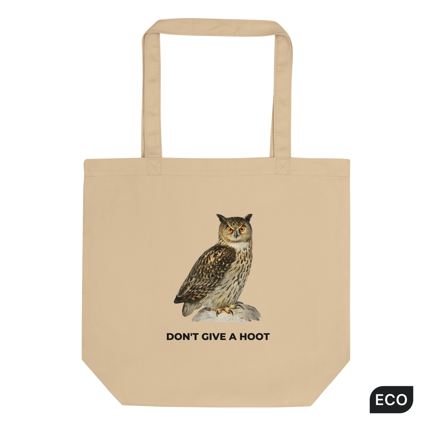 Oyster Colored Owl Eco Tote Bag featuring a captivating Don't Give A Hoot graphic - Funny Organic Cotton Totes - Boozy Fox