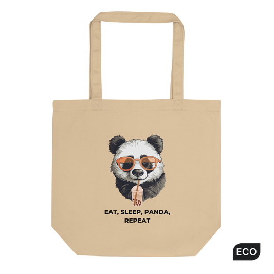 Oyster Colored Panda Eco Tote Bag featuring a hilarious Eat, Sleep, Panda, Repeat graphic - Funny Organic Cotton Totes - Boozy Fox
