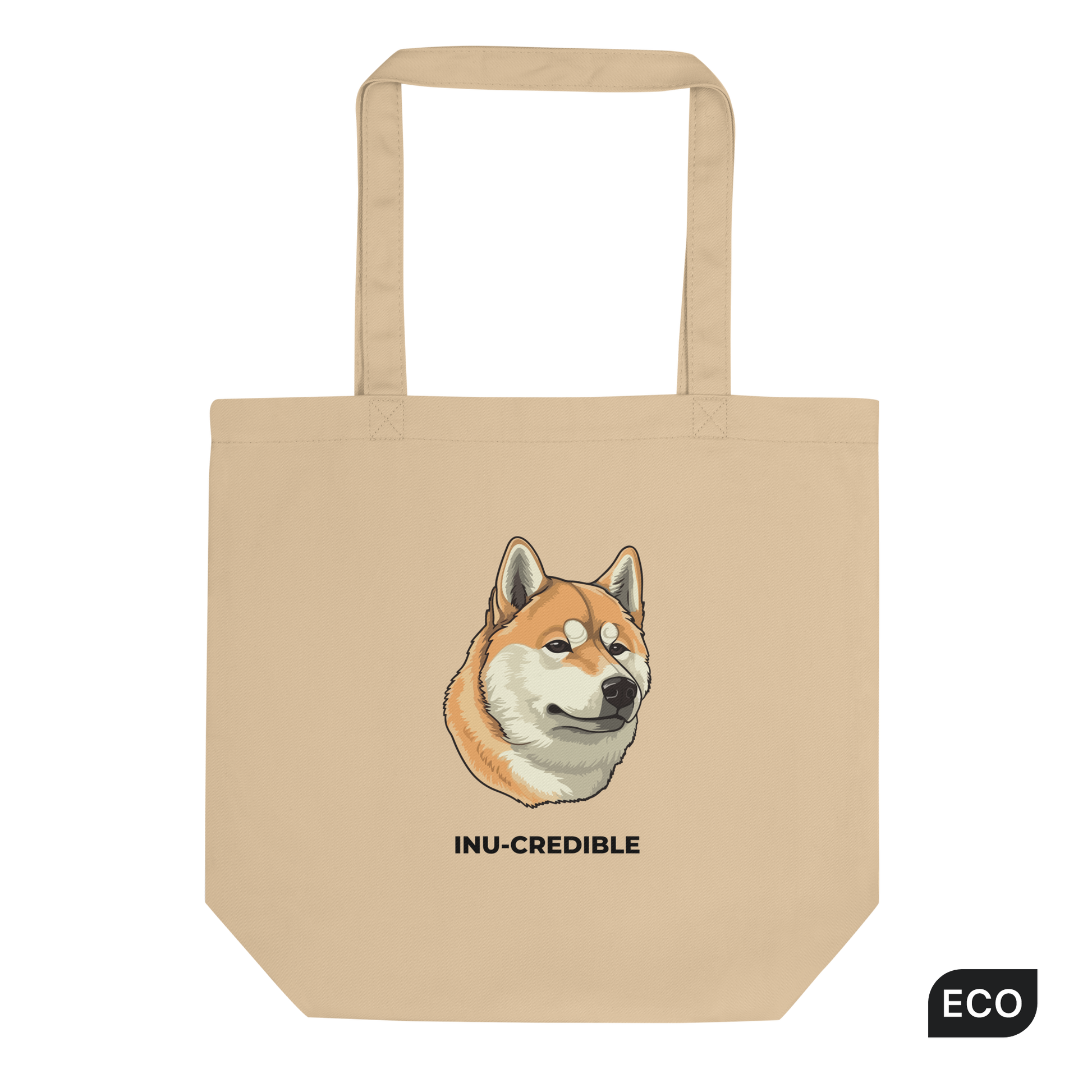 Oyster Colored Shiba Inu Eco Tote Bag featuring the Inu-Credible graphic - Shop Tote Bags Online - Boozy Fox