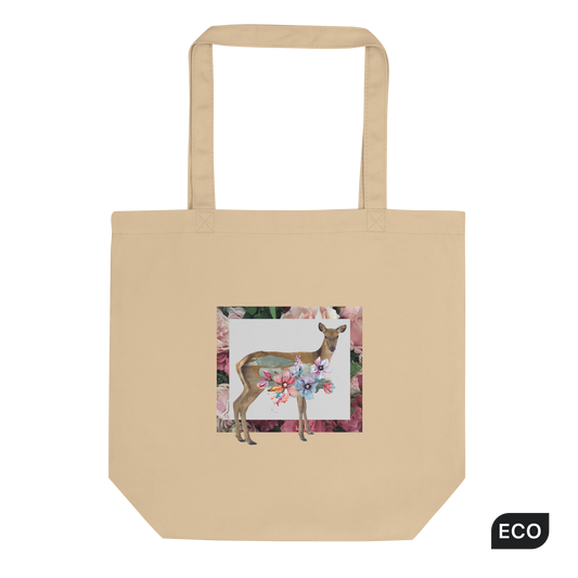 Oyster Colored Deer Eco Tote Bag featuring an adorable Floral Deer graphic - Shop Funny Organic Cotton Tote Bags Online - Boozy Fox