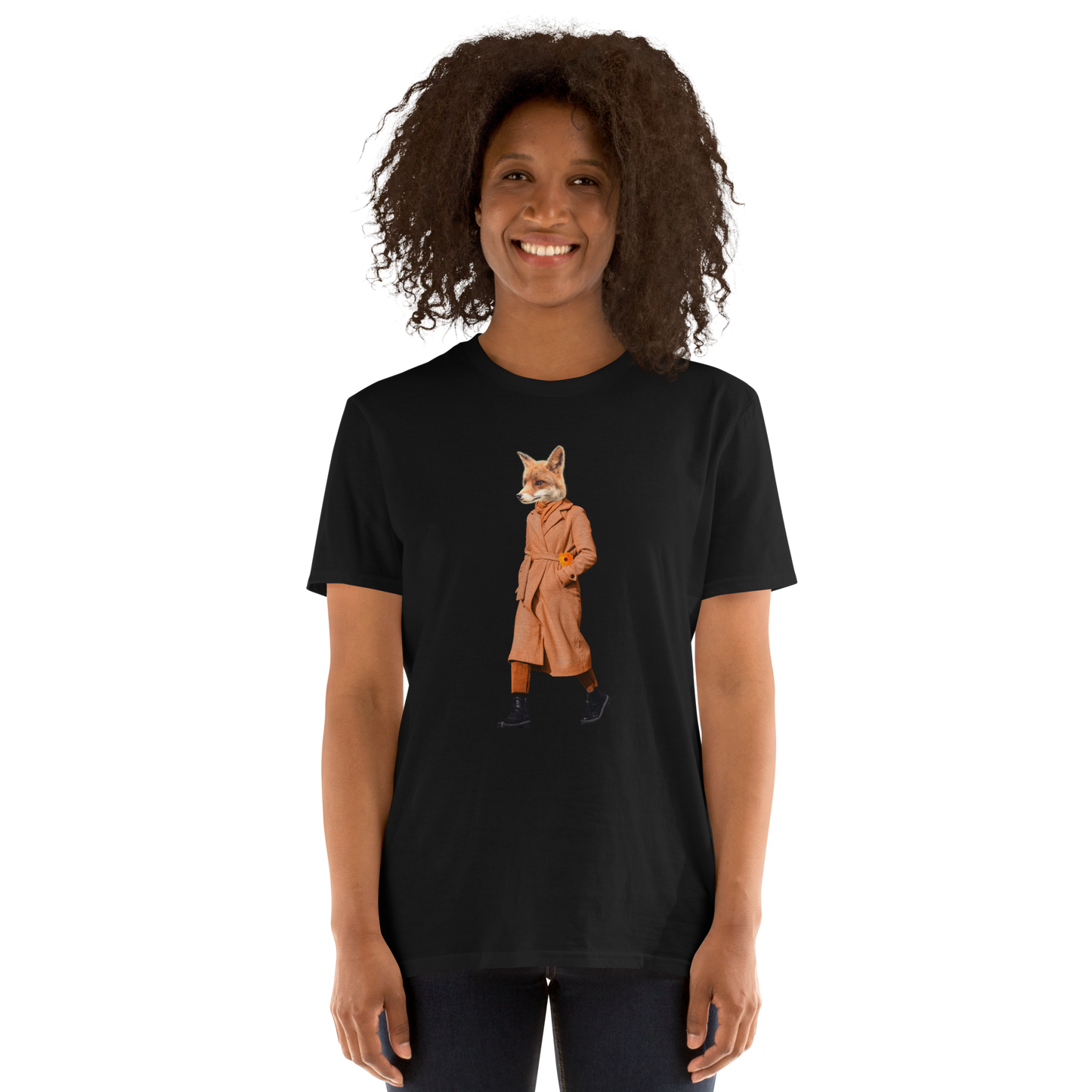 Smiling woman wearing a Black Anthropomorphic Fox T-Shirt featuring a sly Anthropomorphic Fox In a Trench Coat graphic on the chest - Funny Graphic Fox T-Shirts - Boozy Fox