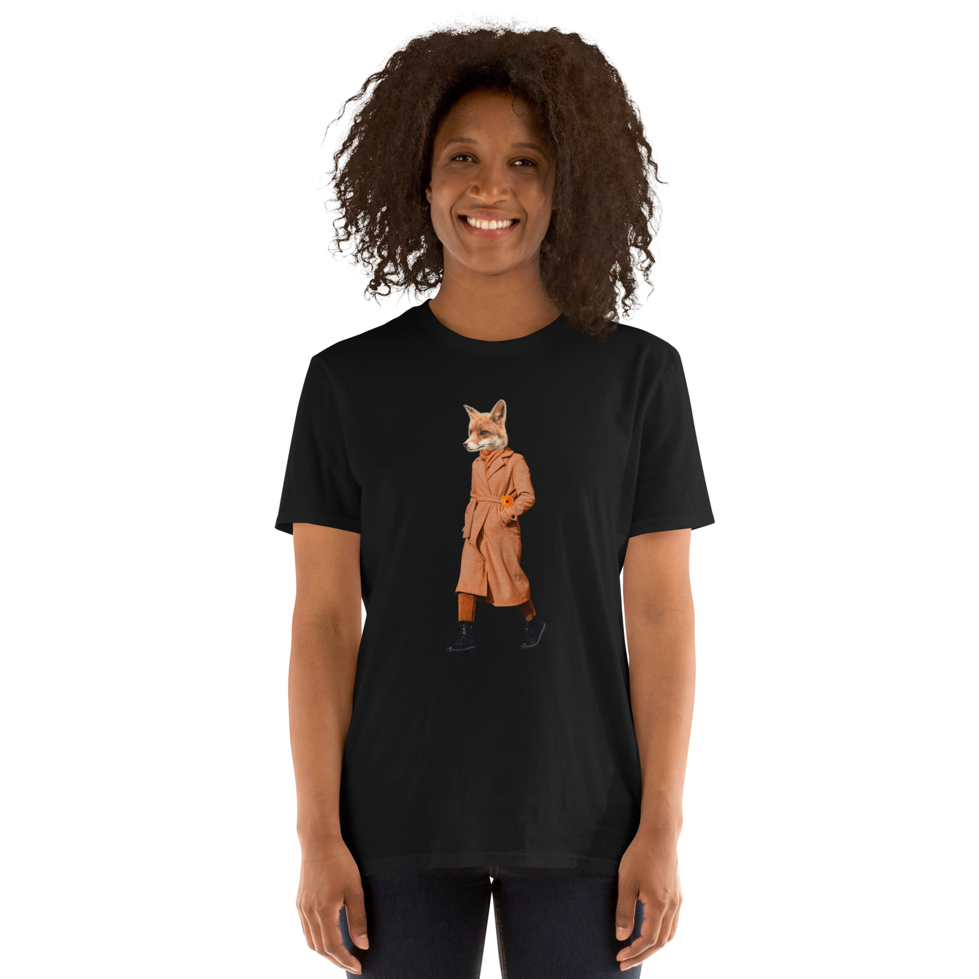 Smiling woman wearing a Black Anthropomorphic Fox T-Shirt featuring a sly Anthropomorphic Fox In a Trench Coat graphic on the chest - Funny Graphic Fox T-Shirts - Boozy Fox