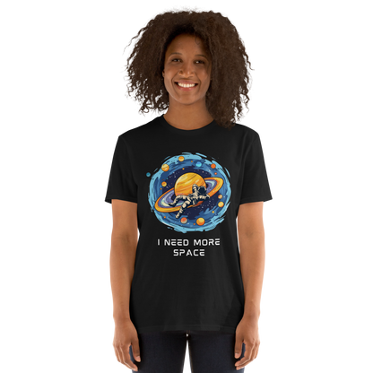 Smiling woman wearing a Black Astronaut T-Shirt featuring a captivating I Need More Space graphic on the chest - Funny Graphic Space T-Shirts - Boozy Fox