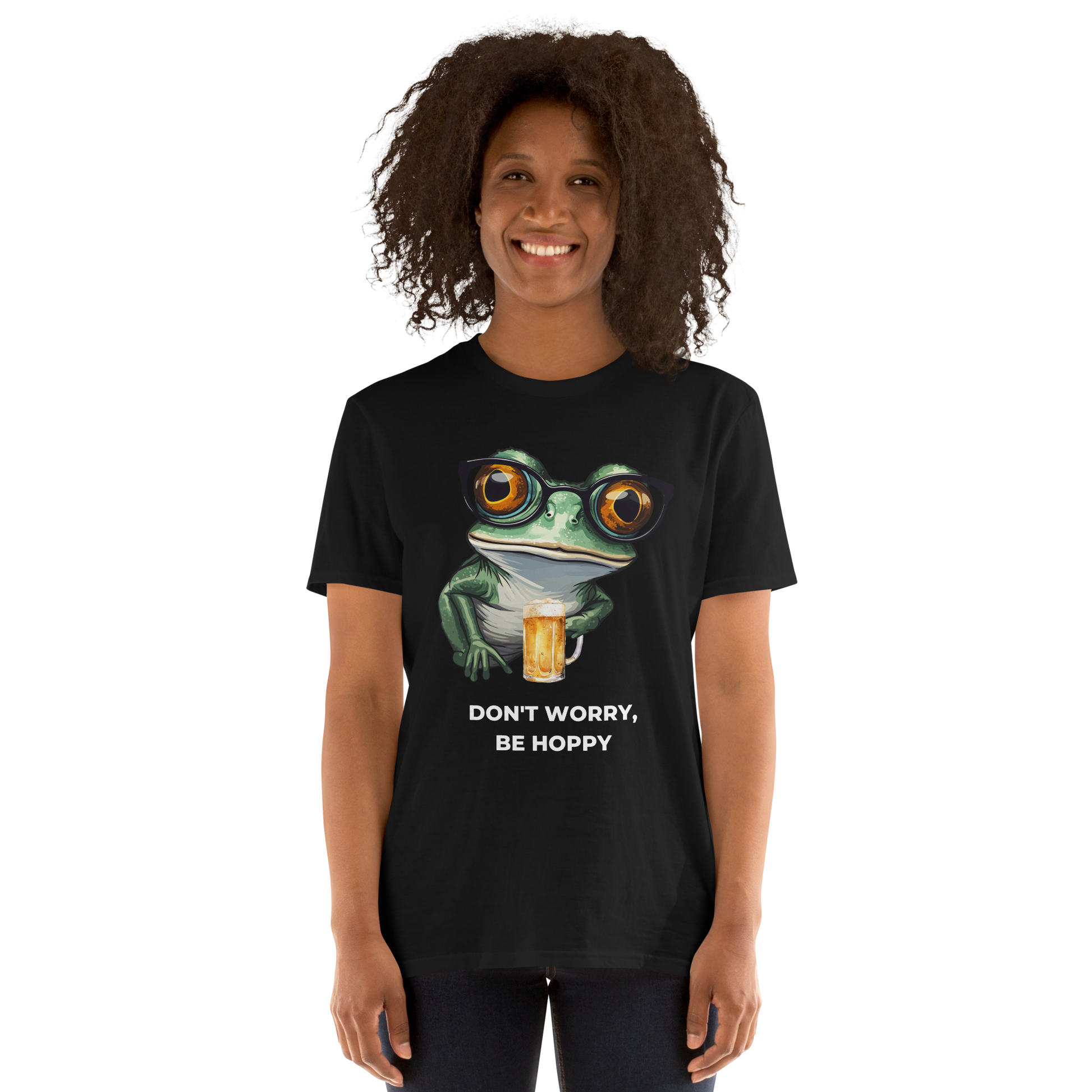 Smiling woman wearing a Black Frog T-Shirt featuring a ribbitting Don't Worry, Be Hoppy graphic on the chest - Funny Graphic Frog T-Shirts - Boozy Fox