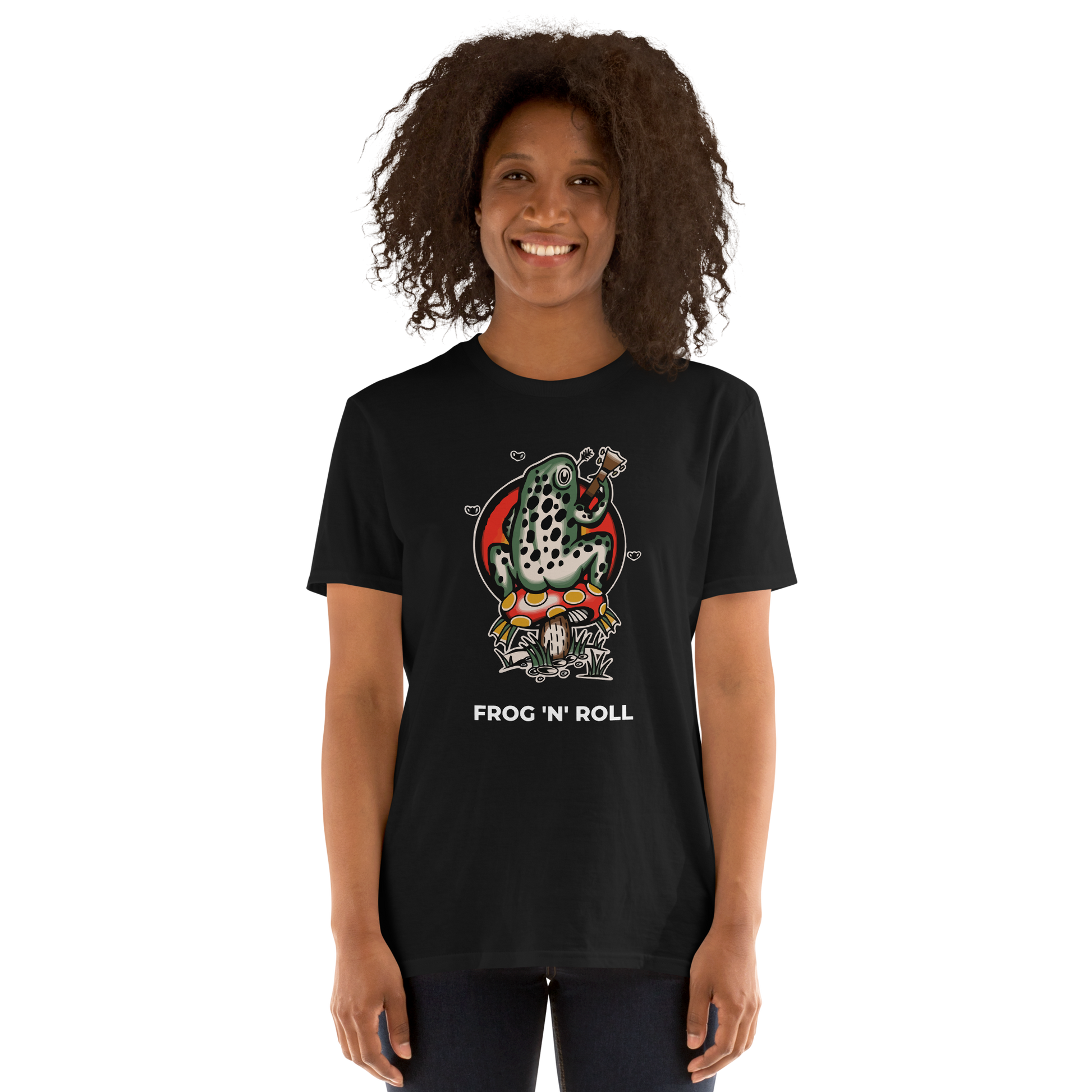 Smiling woman wearing a Black Frog T-Shirt featuring the awesome 'Frog 'n' Roll' graphic on the chest - Funny Graphic Frog T-Shirts - Boozy Fox