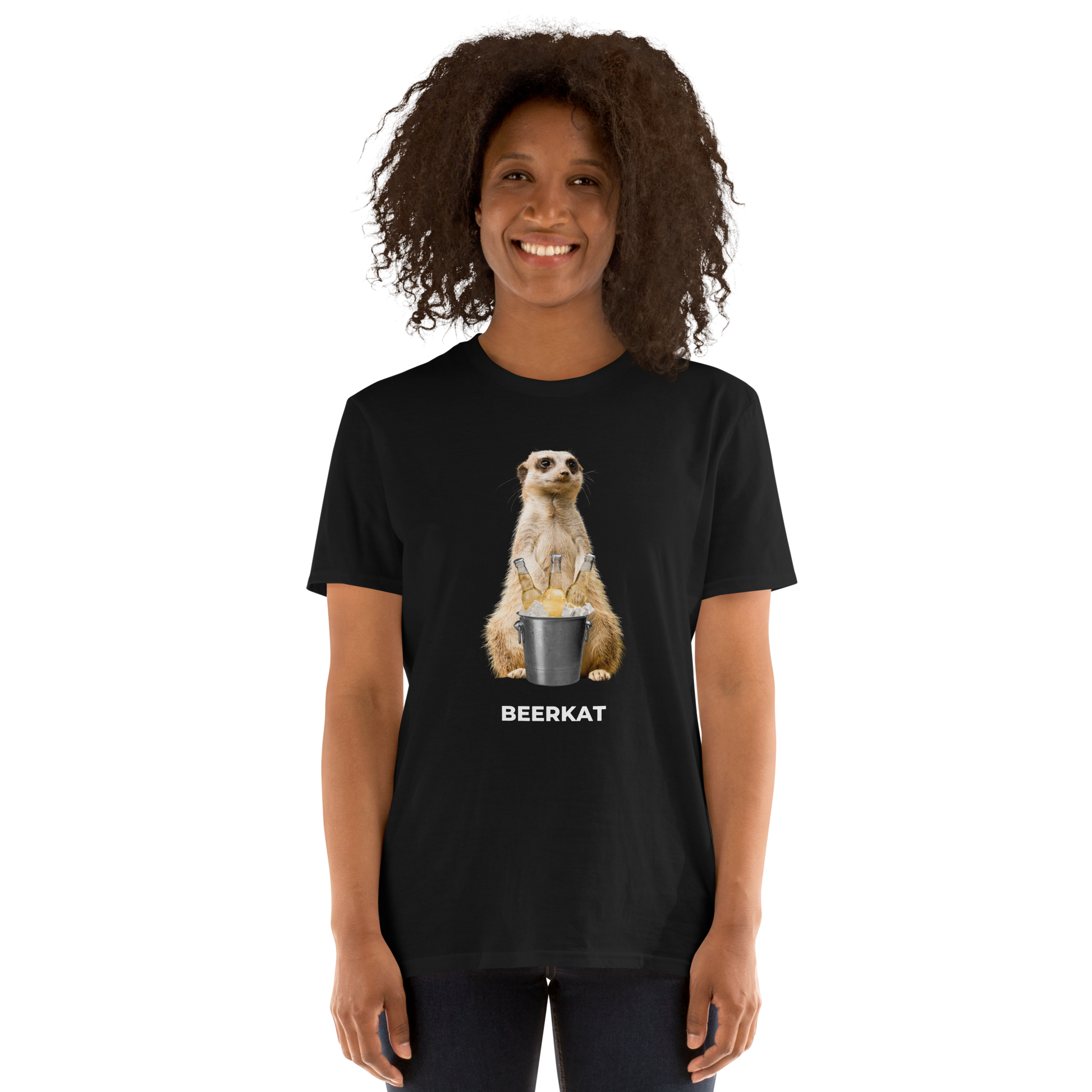 Smiling woman wearing a Black Meerkat T-Shirt featuring a hilarious Beerkat graphic on the chest - Funny Graphic Meerkat T-Shirts - Boozy Fox