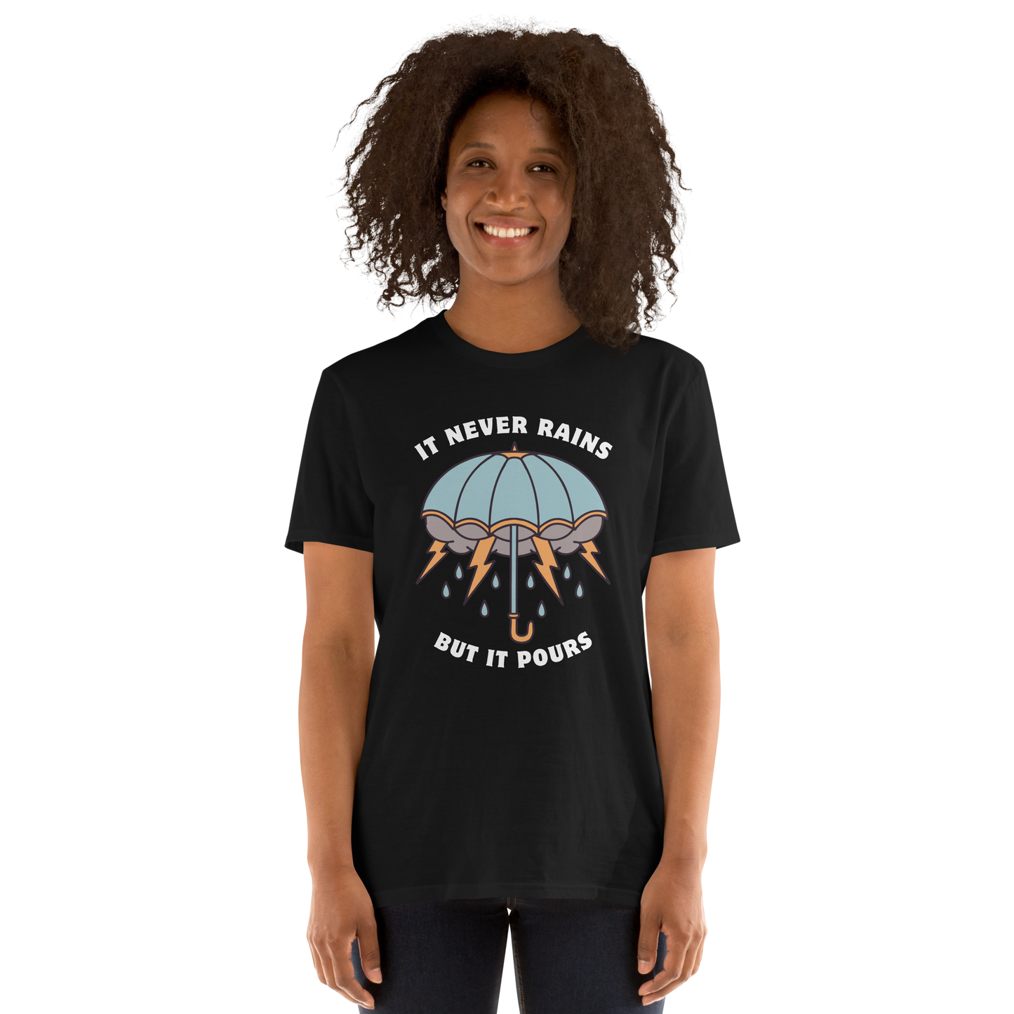 Smiling woman wearing a Black Umbrella T-Shirt featuring a unique It Never Rains But It Pours graphic on the chest - Cool Tattoo-Inspired Graphic Umbrella T-Shirts - Boozy Fox