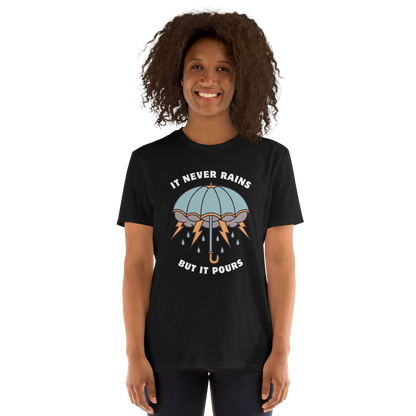 Smiling woman wearing a Black Umbrella T-Shirt featuring a unique It Never Rains But It Pours graphic on the chest - Cool Tattoo-Inspired Graphic Umbrella T-Shirts - Boozy Fox