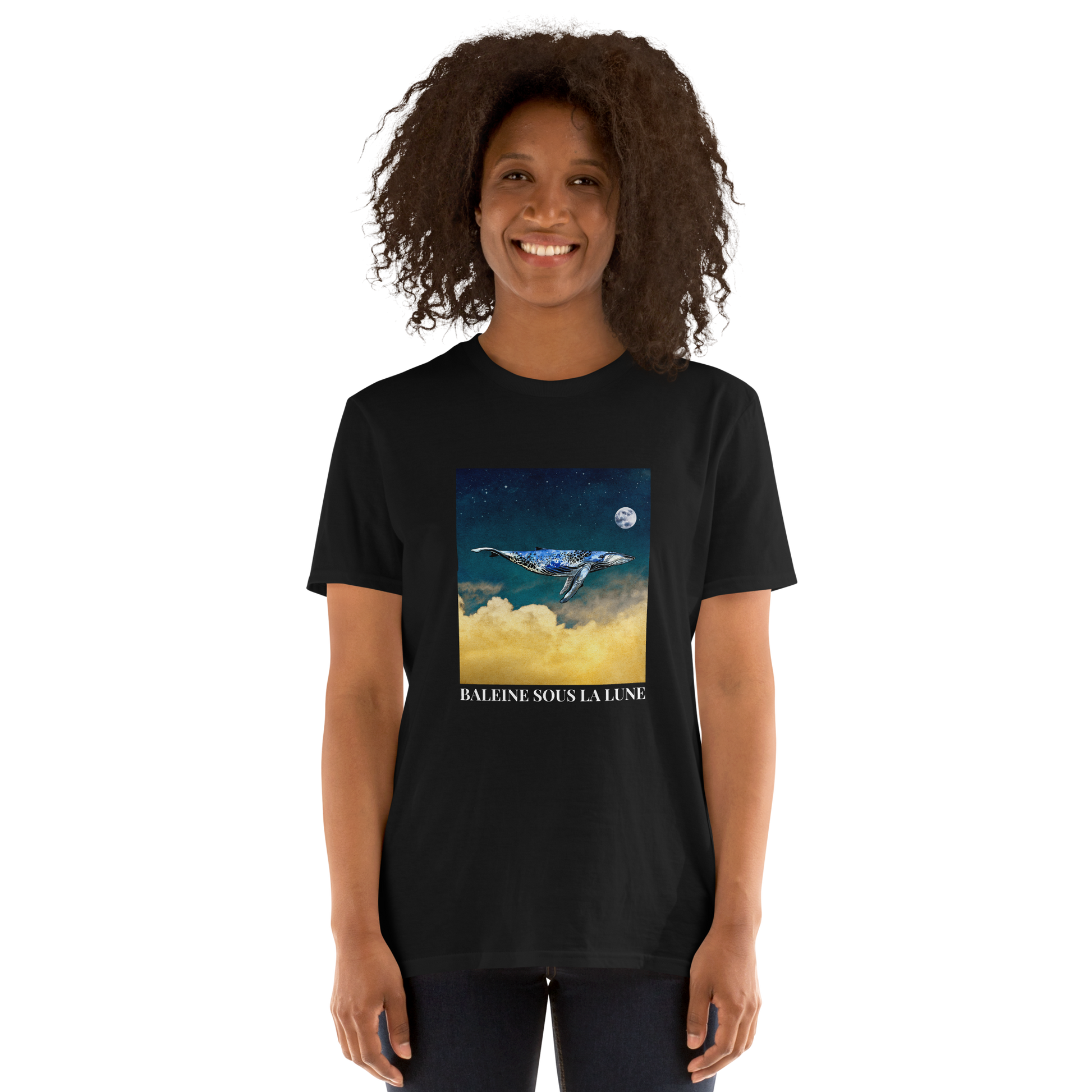 Smiling woman wearing a Black Whale Under The Moon T-Shirt - Boozy Fox