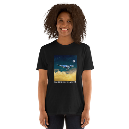 Smiling woman wearing a Black Whale Under The Moon T-Shirt - Boozy Fox