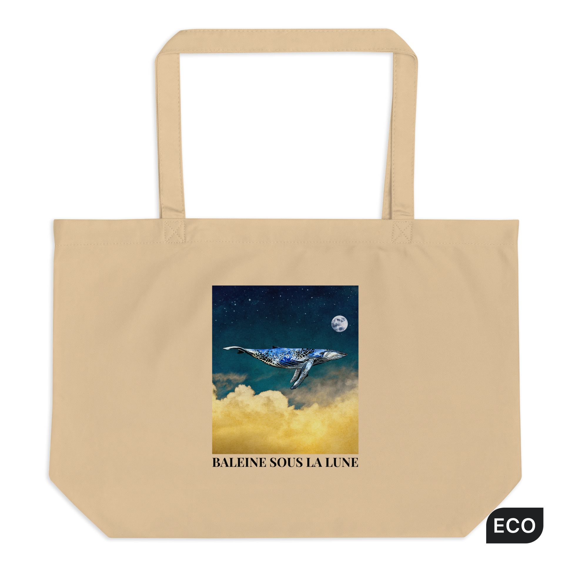 Oyster Colored Whale Eco Tote Bag featuring a majestic Whale Under The Moon graphic - Shop Large Organic Cotton Tote Bags Online - Boozy Fox