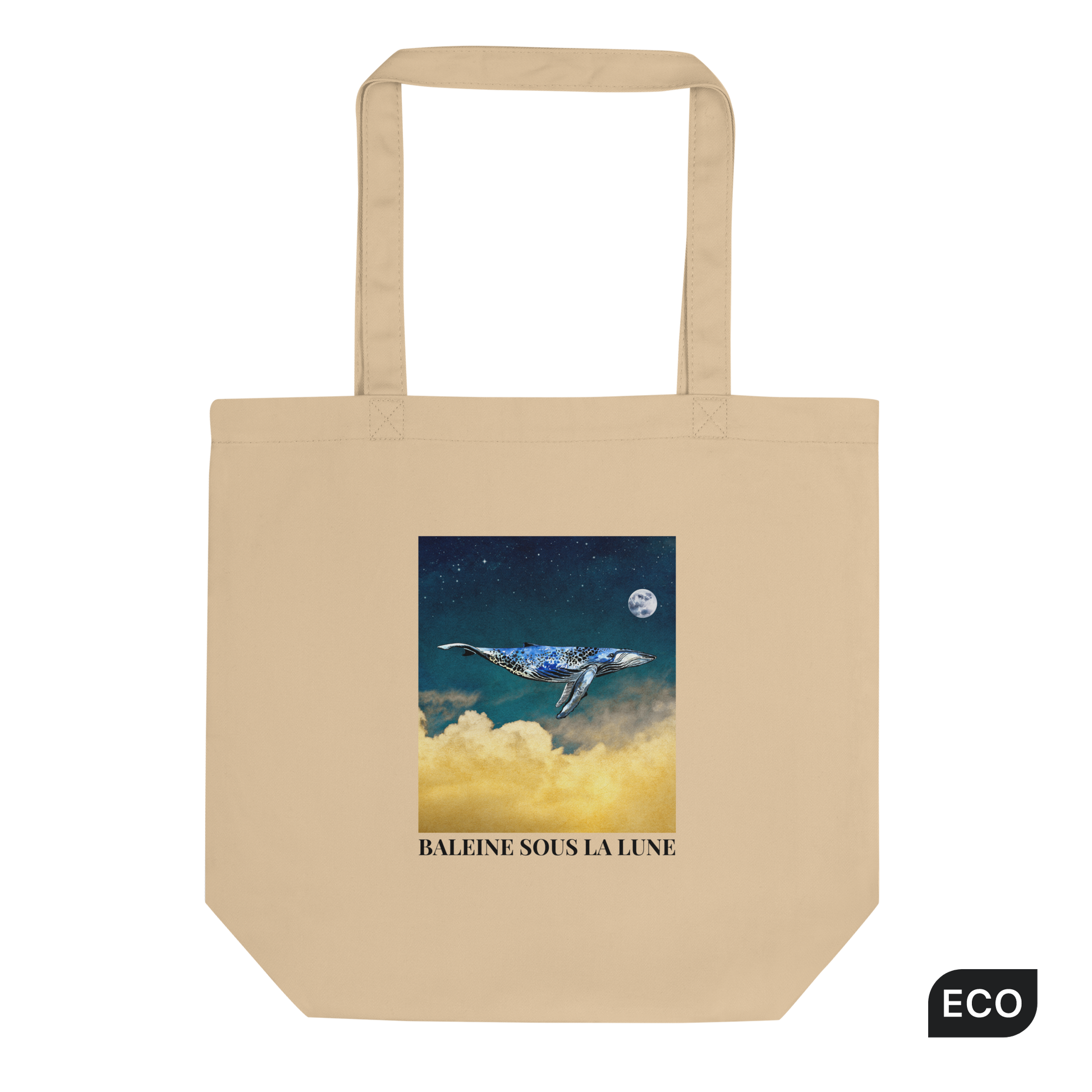 Oyster Colored Whale Eco Tote Bag featuring a majestic Whale Under The Moon graphic - Shop Cool Organic Cotton Tote Bags Online - Boozy Fox