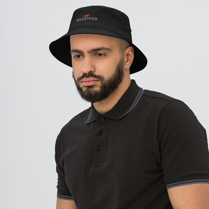 Man wearing a Cool Black Bucket Hat featuring a striking embroidered Boozy Fox logo on front. Shop Cool Sun Protection Bucket Hats And Wide Brim Hats Online - Boozy Fox