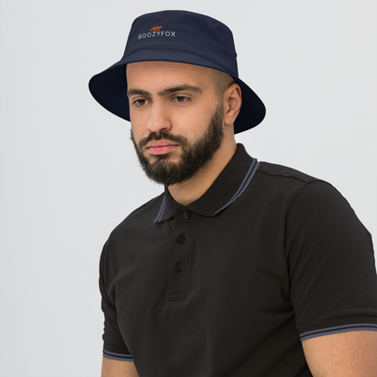 Man wearing a Cool Navy Bucket Hat featuring a striking embroidered Boozy Fox logo on front. Shop Cool Sun Protection Bucket Hats And Wide Brim Hats Online - Boozy Fox