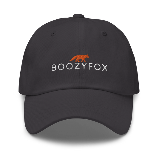 Cool Dark Grey Dad Hat featuring an embroidered Boozy Fox logo on front. Shop Cool Dad Hats & Dad Caps Online - Boozy Fox